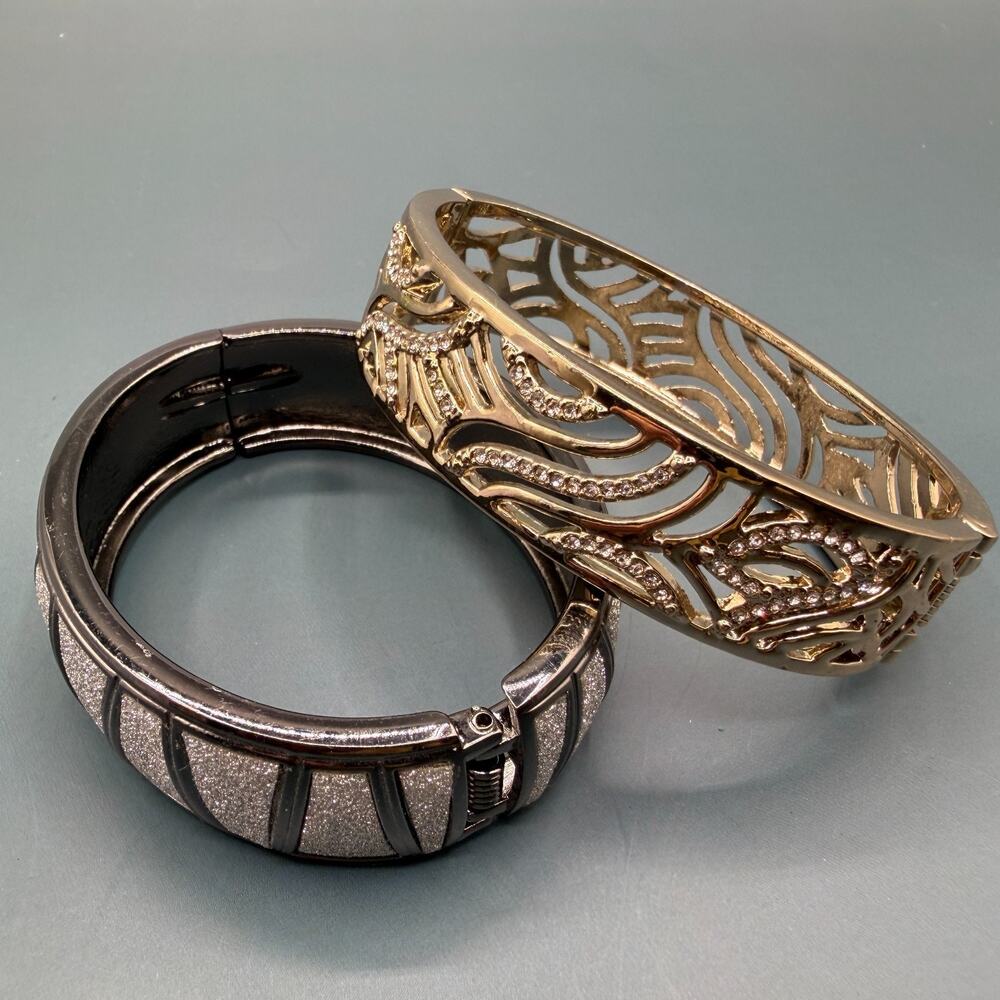 2pc Hinged Bangle Bracelet Lot Gold Tone Rhinestone Gunmetal Glitter Statement